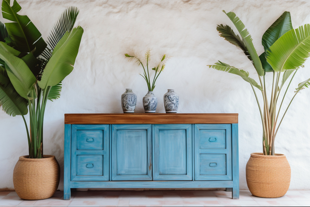 Aparador auxiliar con diseño rústico y funcional, ideal para complementar la decoración del hogar, aportando estilo y almacenamiento en ambientes frescos y naturales.